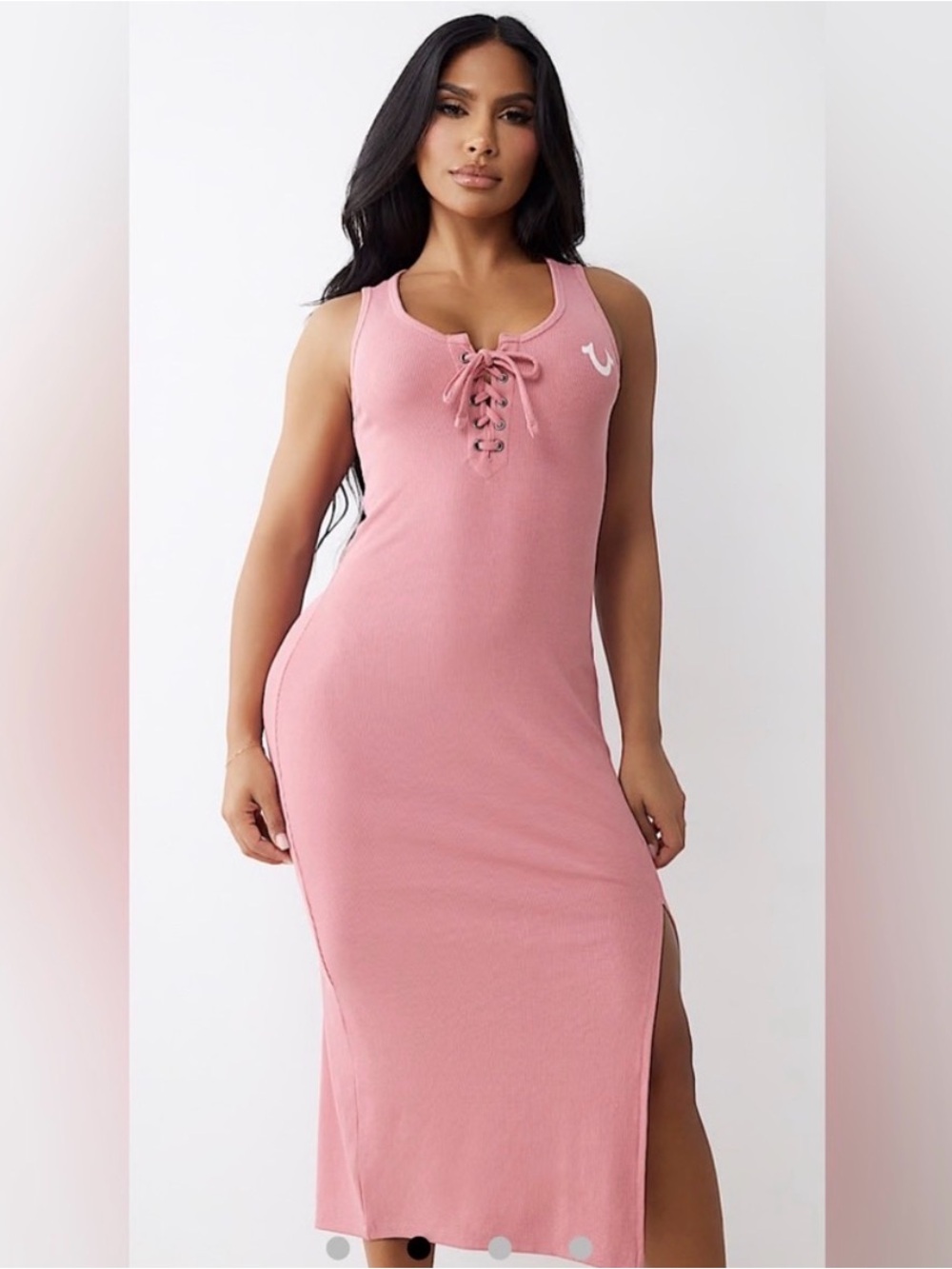 True Religion Pink Lace-Up Ribbed Midi Dress